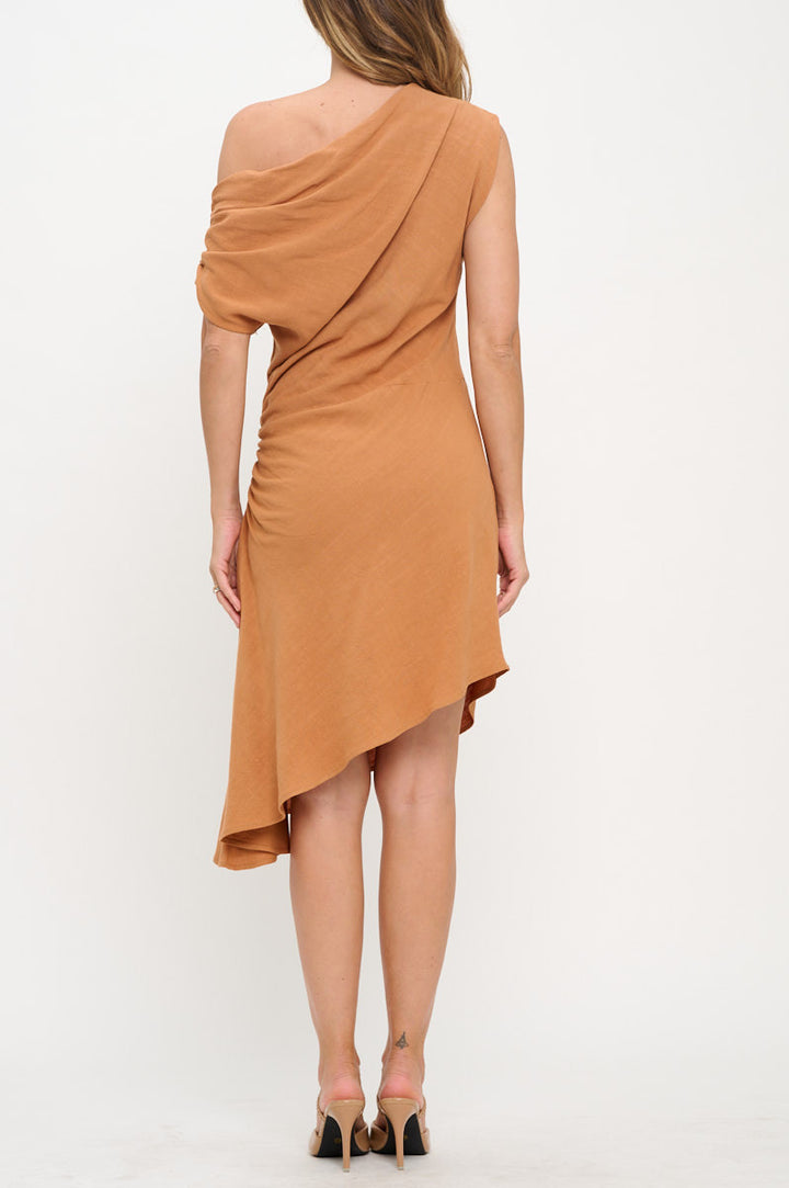 Linen Asymmetrical Off the Shoulder Ruched Dress-4