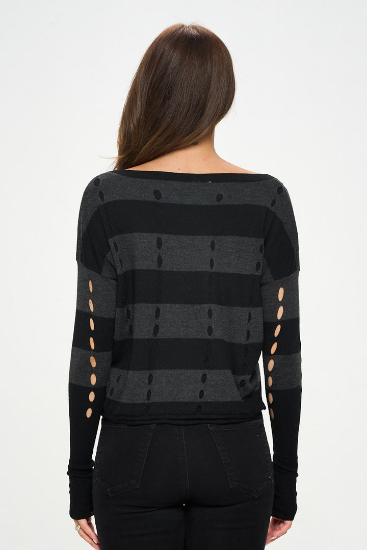 Striped Knit Long Sleeve Sweater with Hole Detail-2