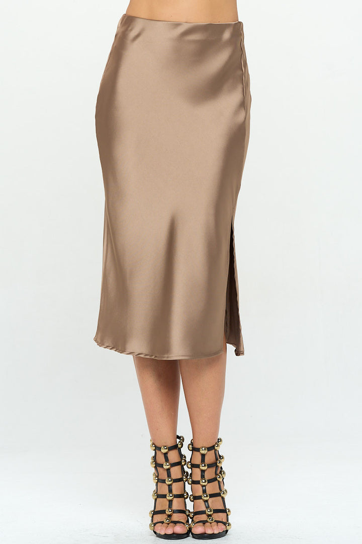 Solid Stretch Satin Midi Skirt with Slit-1