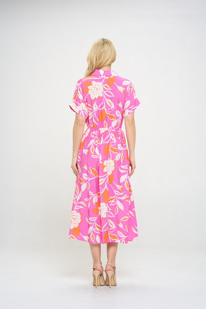 Flower Print Collared V neck Midi Dress with Pockets-4
