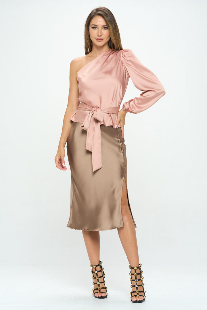 Solid Stretch Satin Midi Skirt with Slit-5