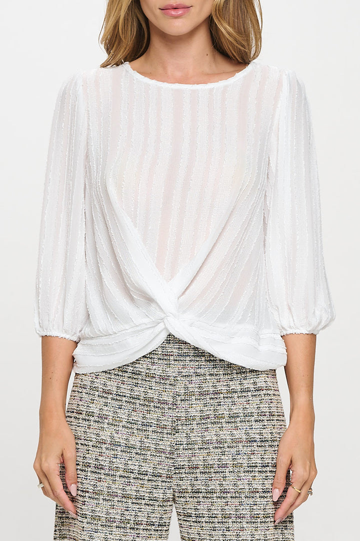 Textured Sheer 3/4 Sleeve Top with Front Twist-1