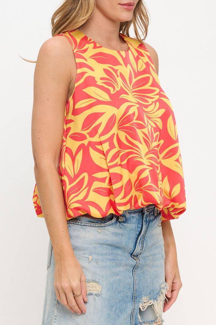 Satin Print Sleeveless Top with Bubble Hem and Back Keyhole-2