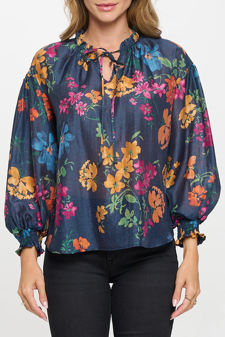 Floral Print V neck Top with Cuffed Sleeve-1