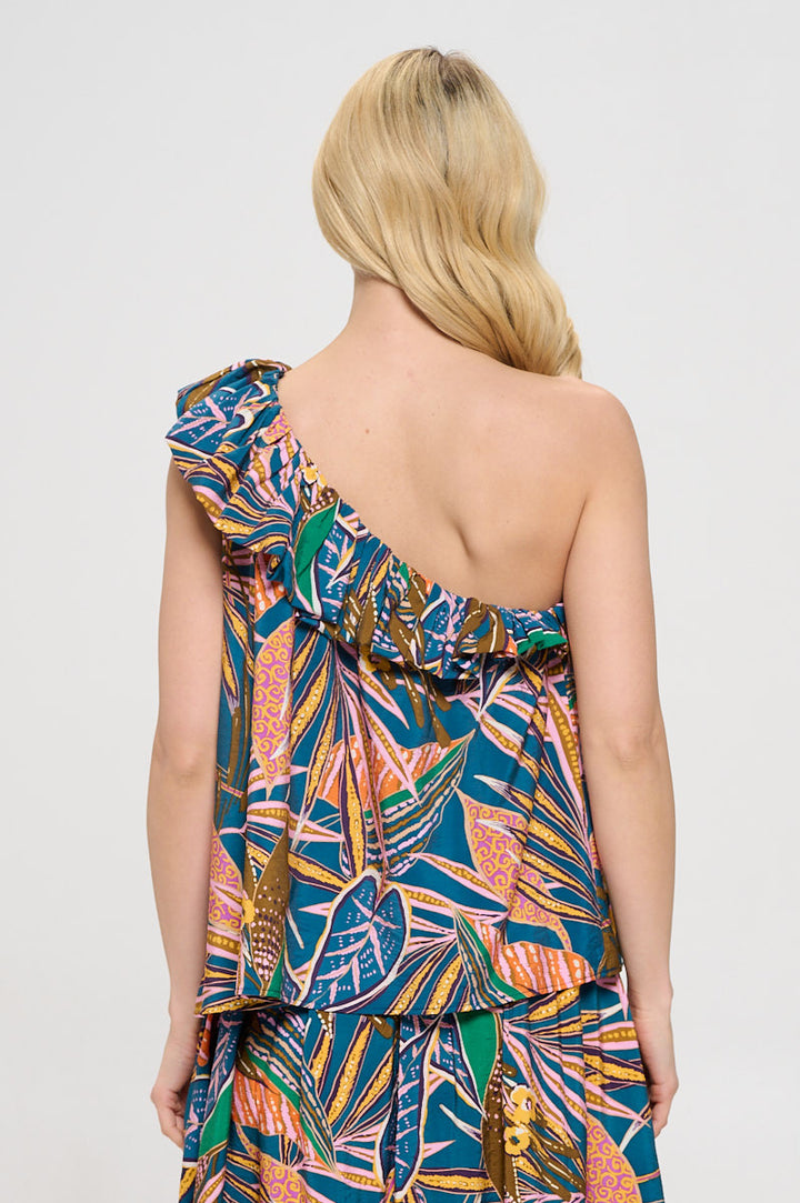 Tropical Leaf Print One Shoulder Top with Ruffle Neckline-3