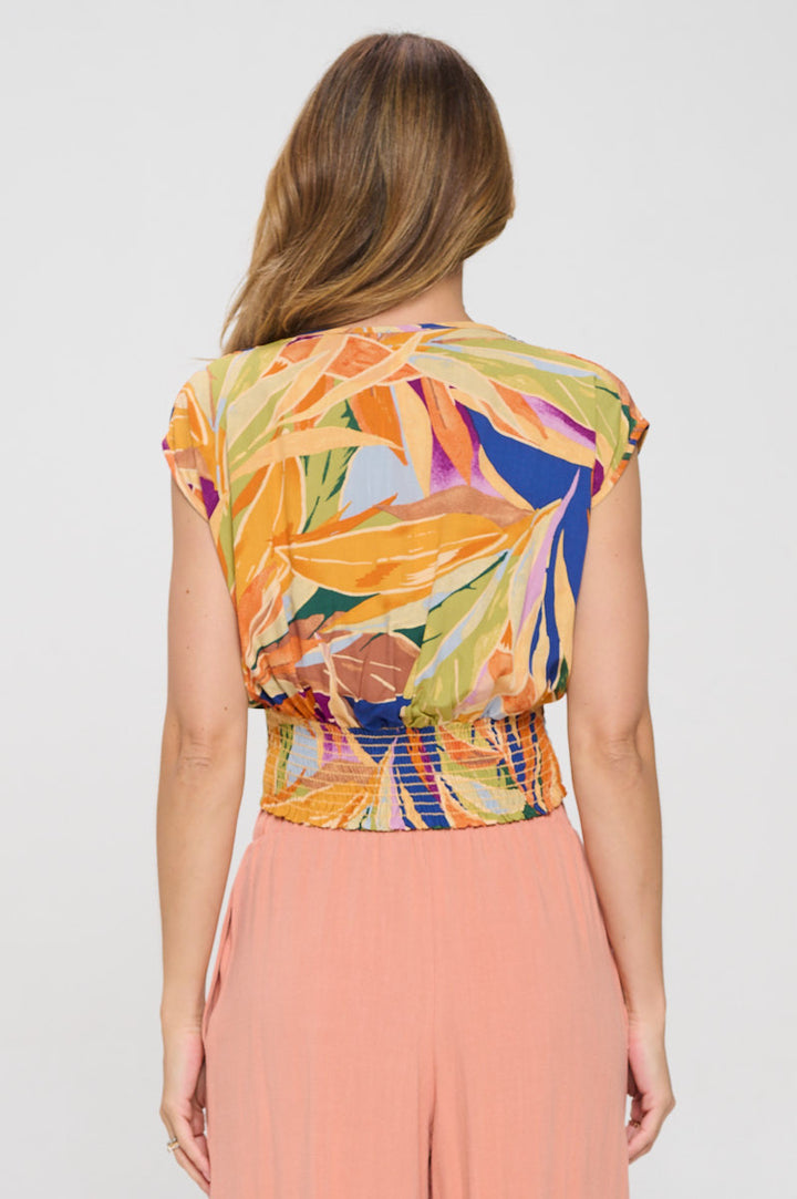 Floral Print V neck Crop Top w Smock Back Detail-3