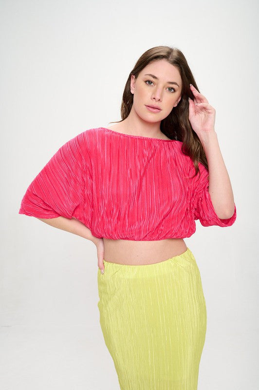 Vibrant Plisse Scoop Neck Crop Top-0