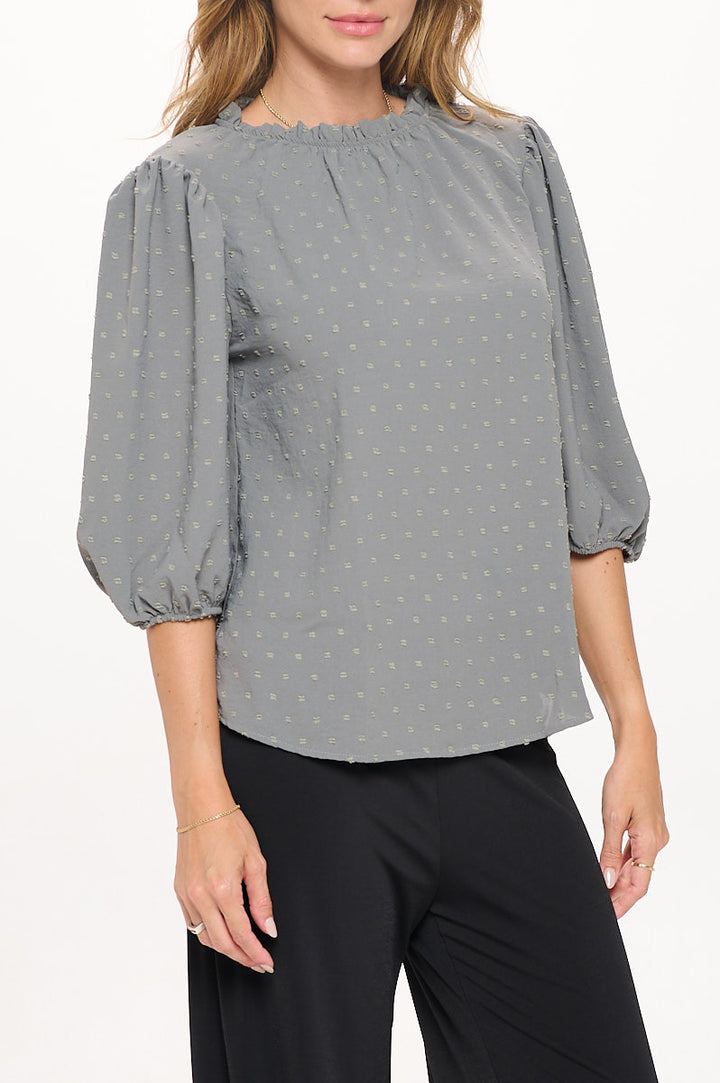 Textured Puff Sleeve Top with Smock neck-2