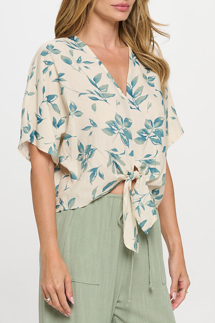 Linen Floral Print V neck Top with Front Tie-2