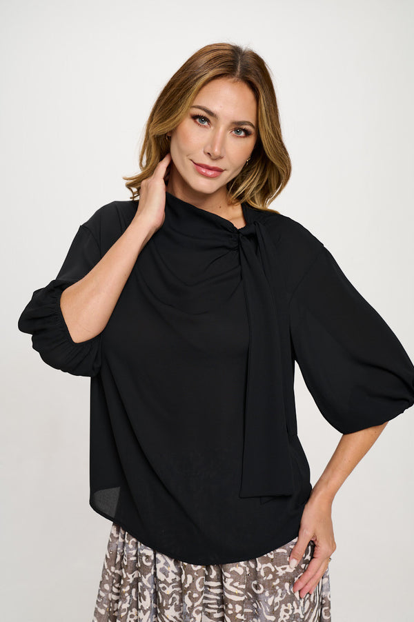 Solid Sheer 3/4 Sleeve with Scarf Detail-0