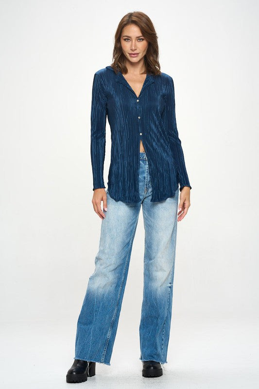 Plisse Solid Button Down Top with Collar-4