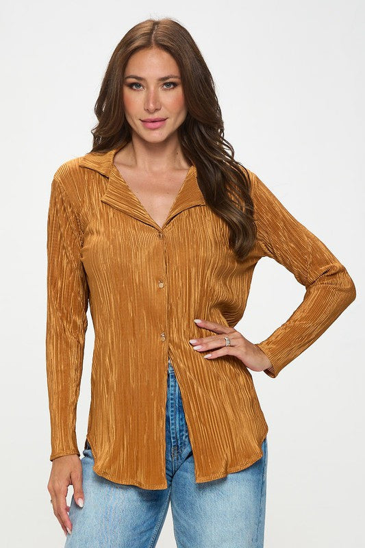 Plisse Solid Button Down Top with Collar-1