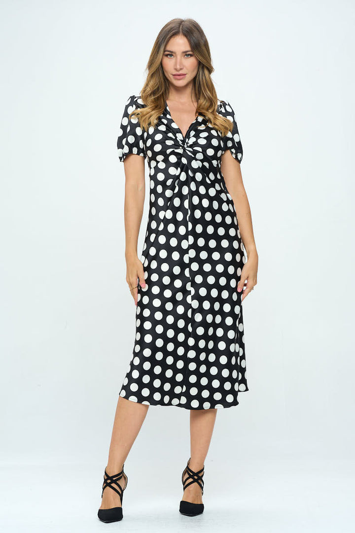 Stretch Satin Polka Dot Print Midi Dress-1
