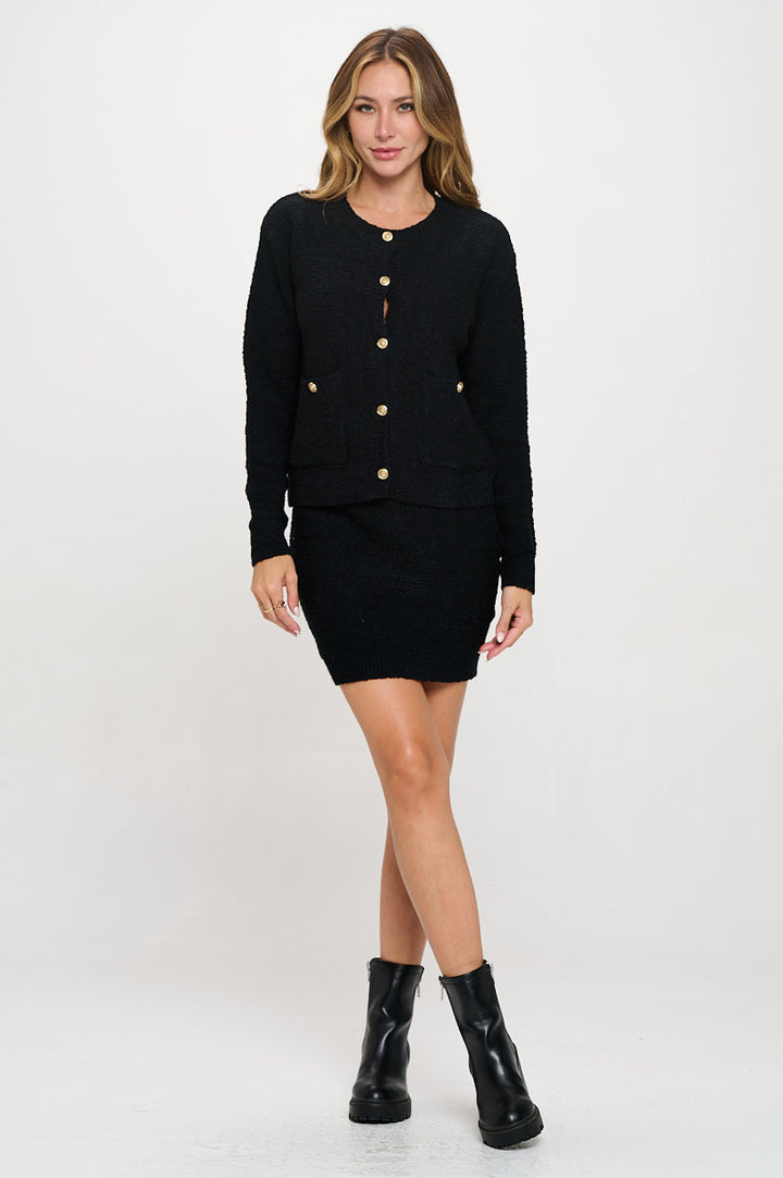Knit Long Sleeve Cardigan Top and Skirt Set-5