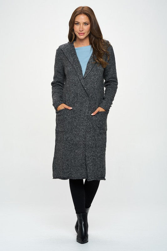 Charcoal Knit Open Front Cardigan Sweater with Pockets and Hood-3