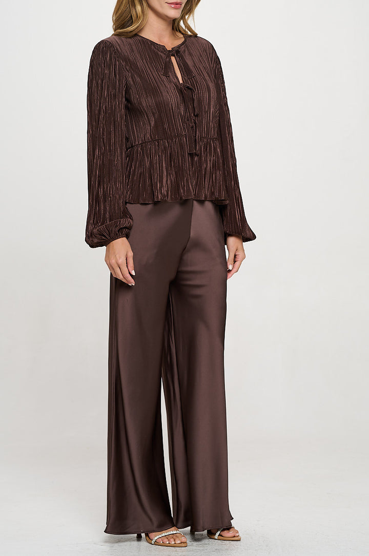 Plisse Long Puff Sleeve Top with Open Front Tie Detail-2
