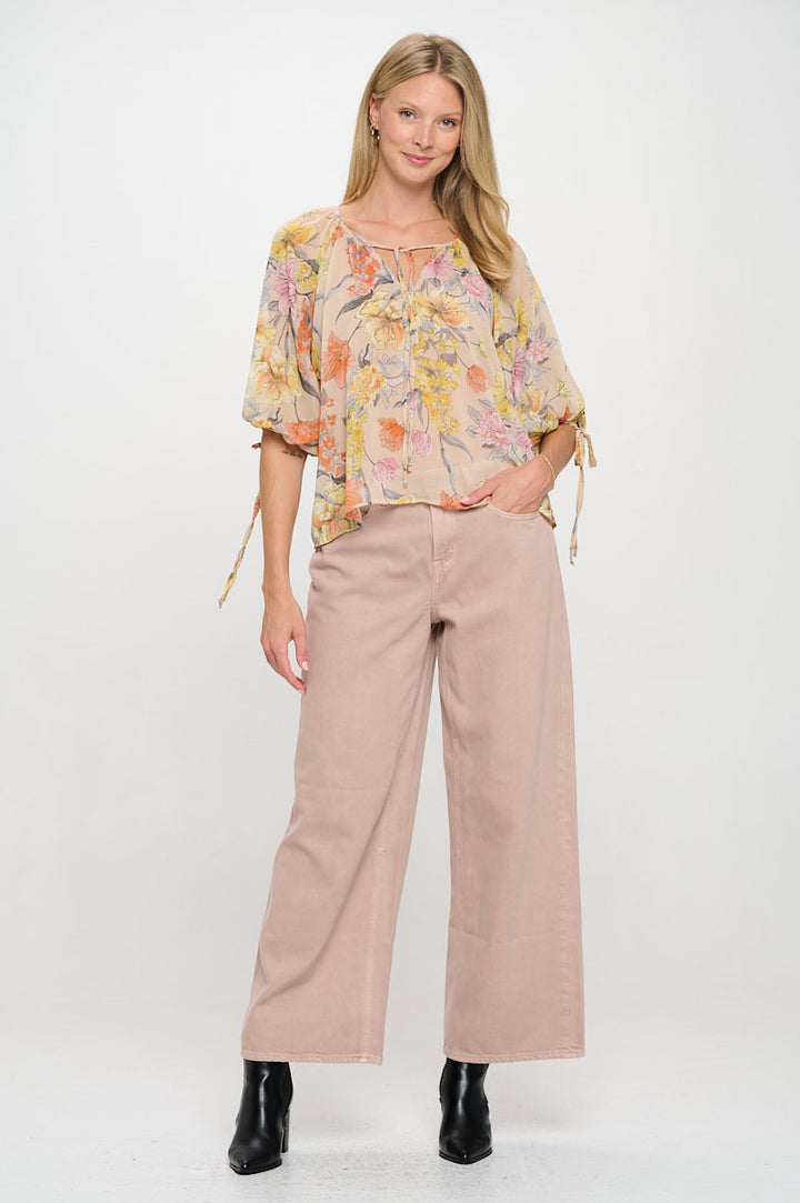 Floral Print Sheer V neck Top with Sleeve Tie-4