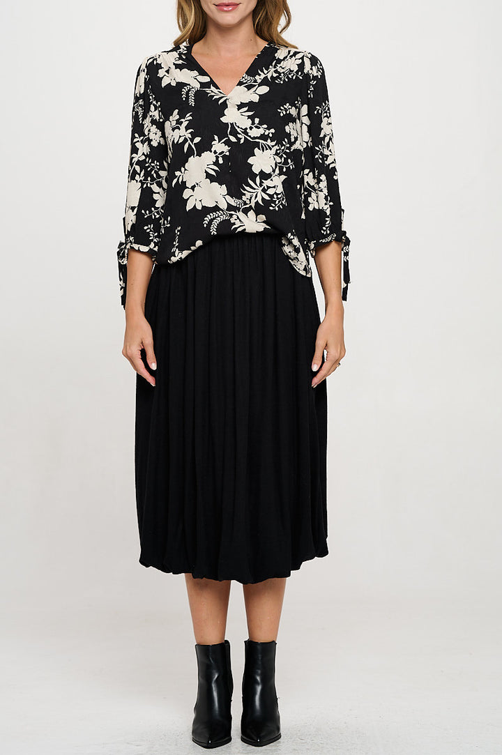 Floral Print V neck 3/4 Sleeve Top with Tie-1