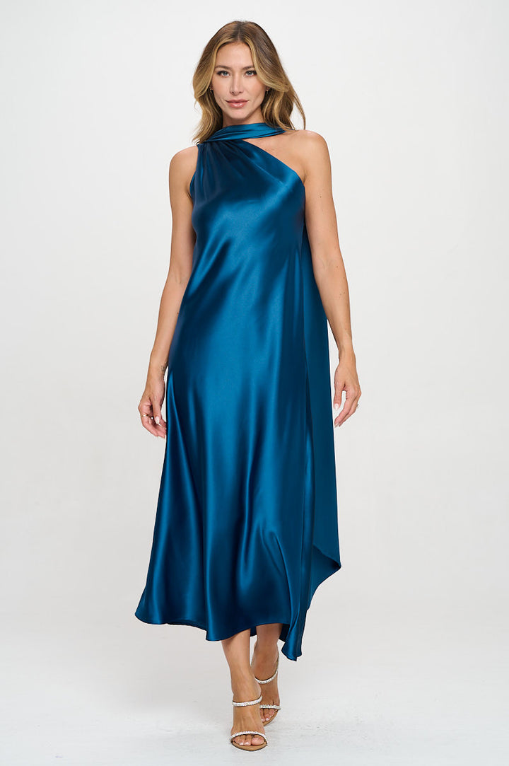 One Shoulder Satin Maxi Dress with Scarf Detail-2