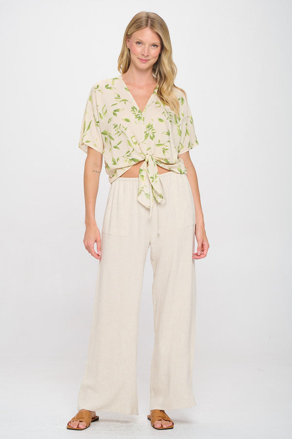 Linen Floral Print V neck Top with Front Tie-0