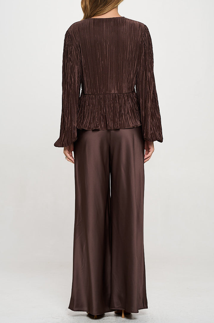 Plisse Long Puff Sleeve Top with Open Front Tie Detail-3