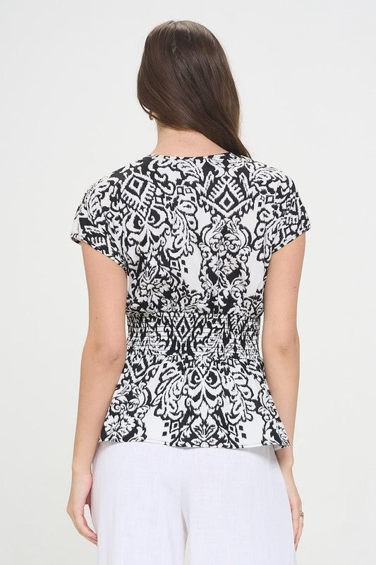 Cotton Print V neck Short Sleeve Kimono Top-3