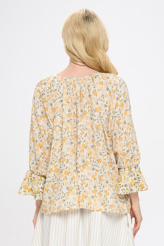 Lemon Print Cuffed Sleeve Top with Open Front Tie-3