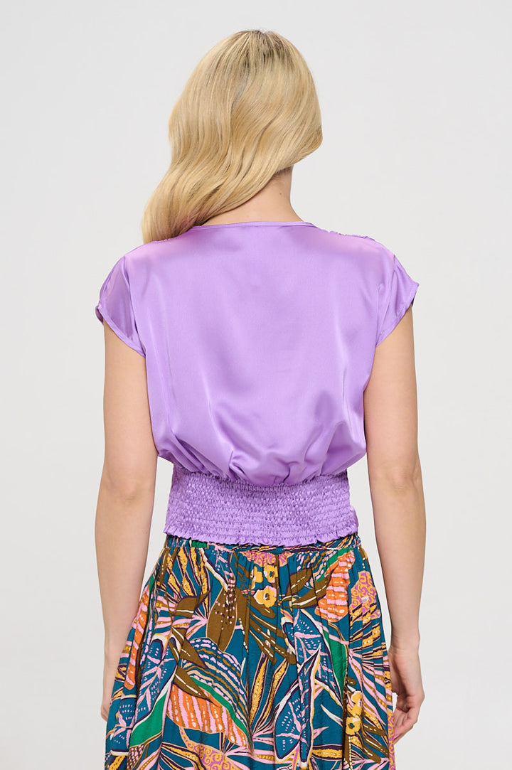 Solid Satin V neck Crop Top w Smock Back Detail-3