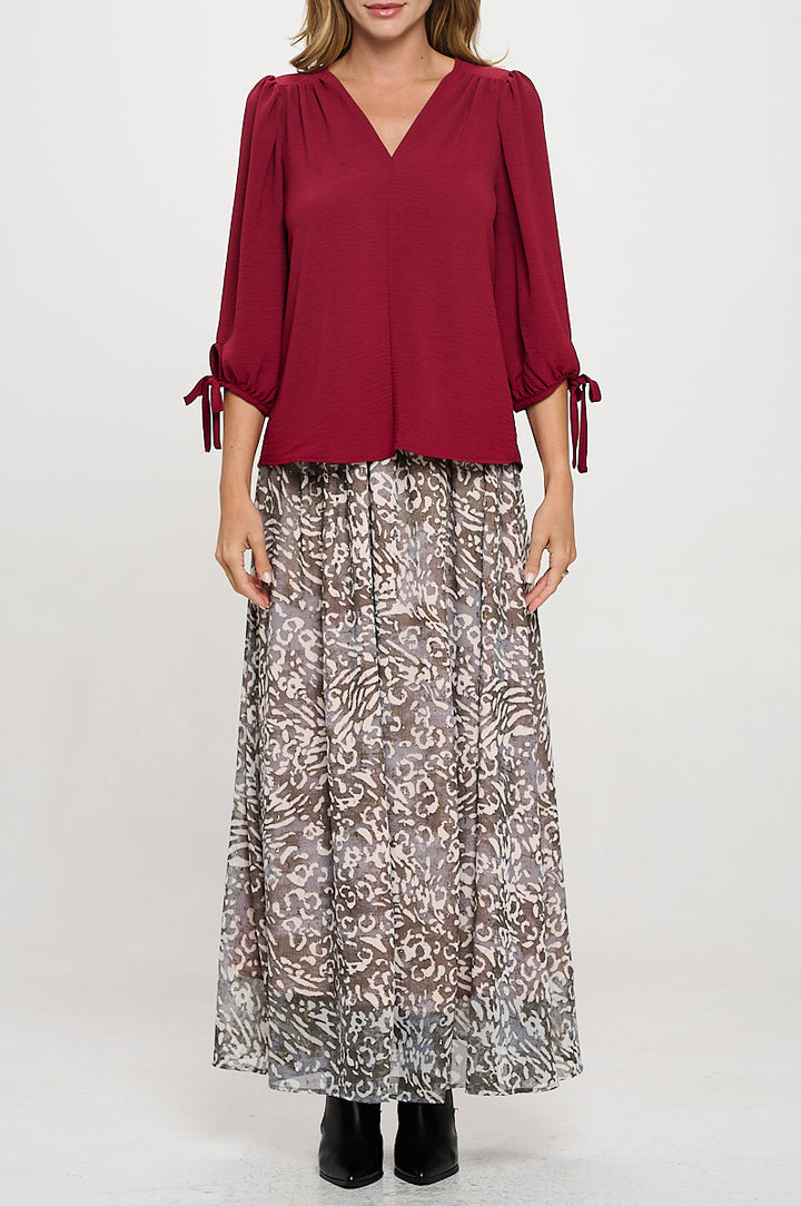 Solid V neck 3/4 Sleeve Top with Sleeve Tie-1