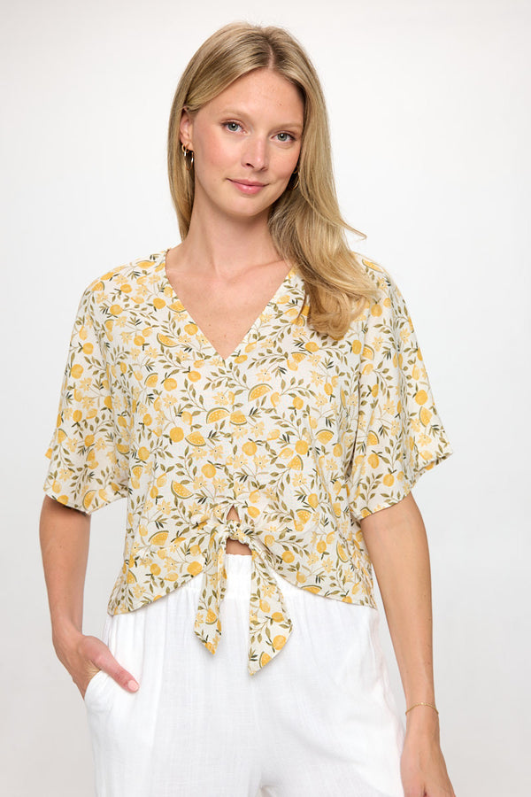 Linen Floral Print V neck Top with Front Tie-0