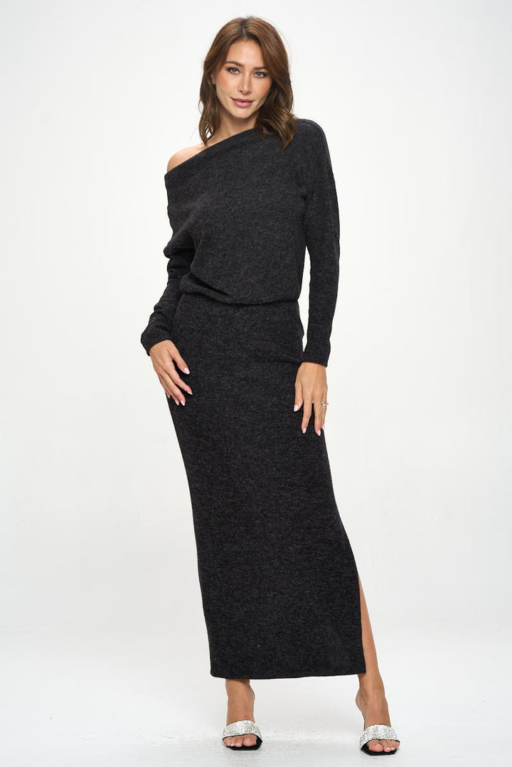 Knit Charcoal Maxi Dress with Dolman Sleeve-2