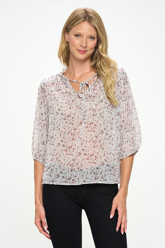 Floral Print Semi Sheer Top with Tie-1