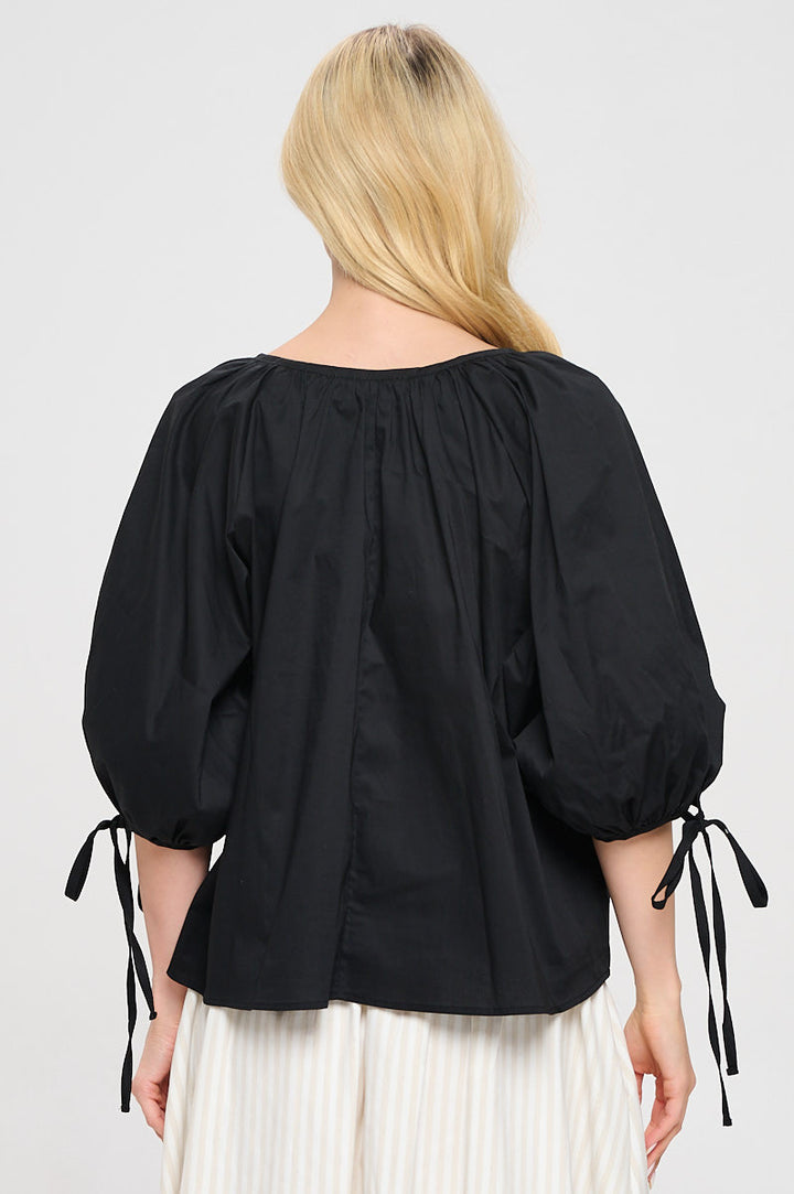 Cotton V neck Half Puff Sleeve with Tie-3