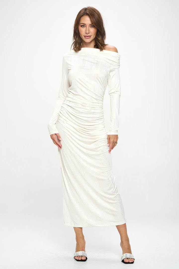 Off Shoulder Bodycon Midi Ruched Dress-2