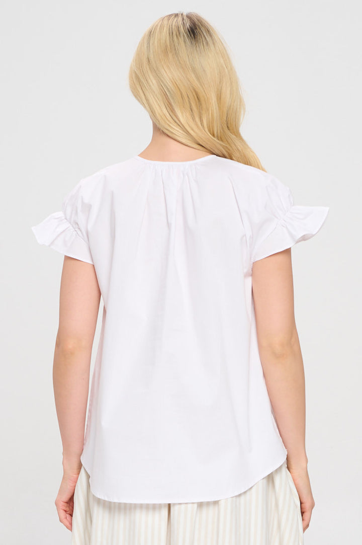 Cotton Solid Short Sleeve V neck Top with Tie-3