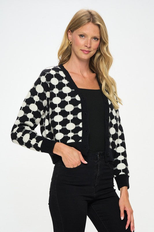 Print Knit Open Front Mini Cardigan with Buttons-1