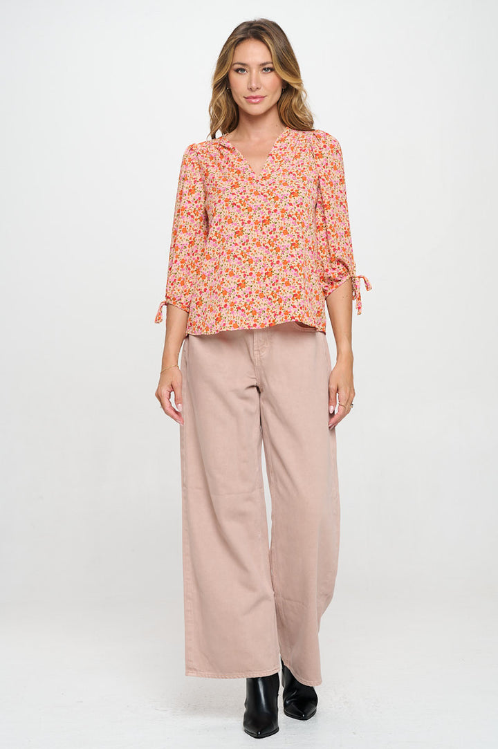 Floral Print V neck Top with Sleeve Tie-4