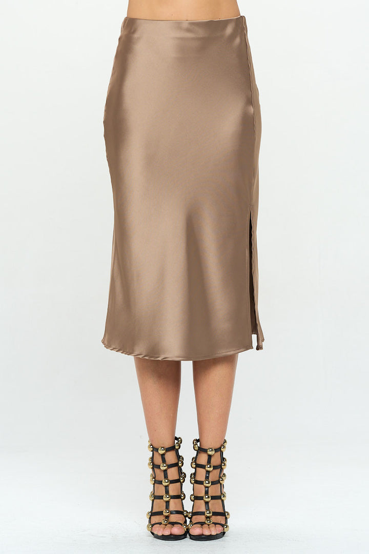 Solid Stretch Satin Midi Skirt with Slit-0