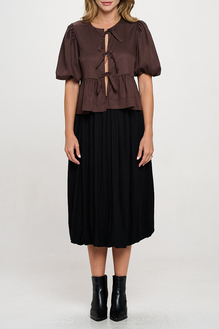 Tencel Puff Sleeve Top with Front Bow Detail-1