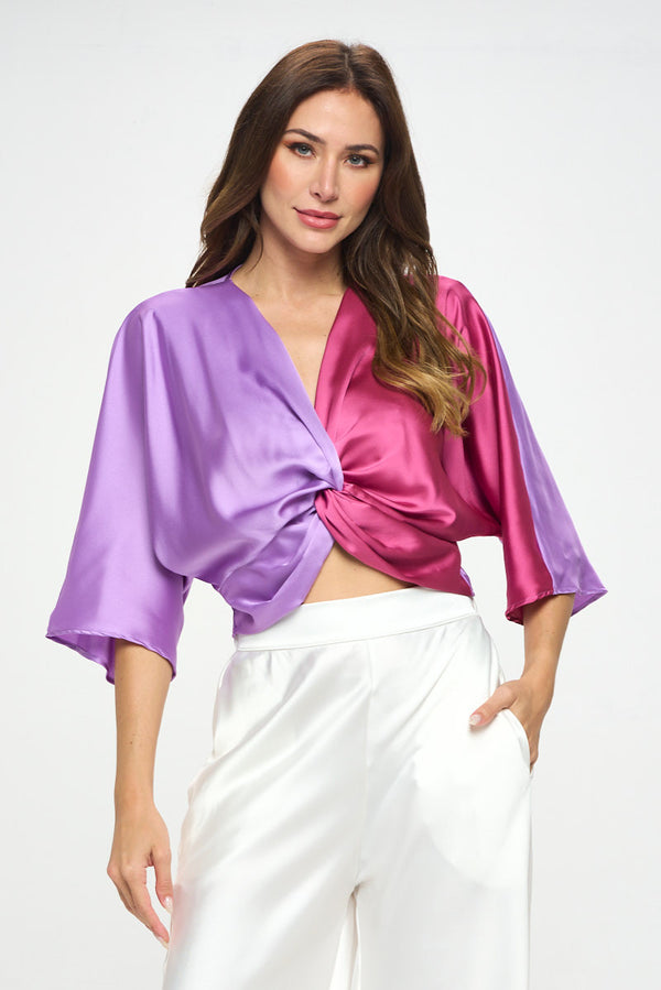 Satin Vibrant Multi Color Short Sleeve Top with Front Twist-0
