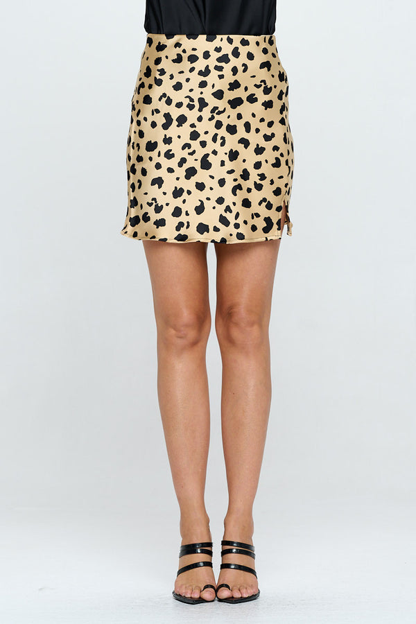 Leopard Print Satin Mini Skirt with Slit-0