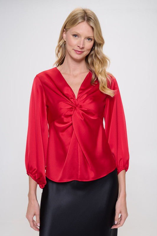 Stretch Satin V neck Top with Front Twist-1