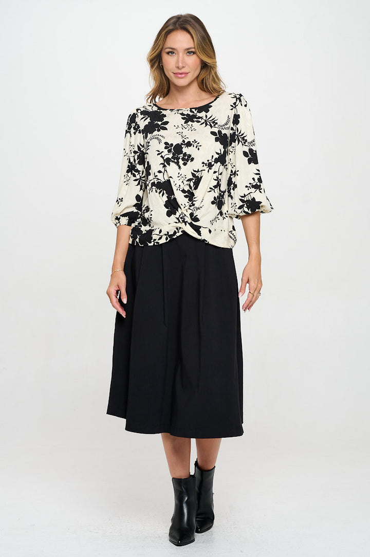 Floral Print 3/4 Sleeve Top with Front Twist-4