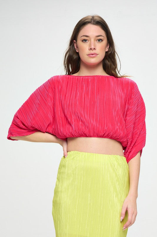 Vibrant Plisse Scoop Neck Crop Top-2