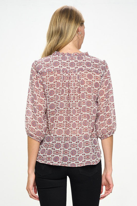 Print Semi Sheer Top with Tie-3