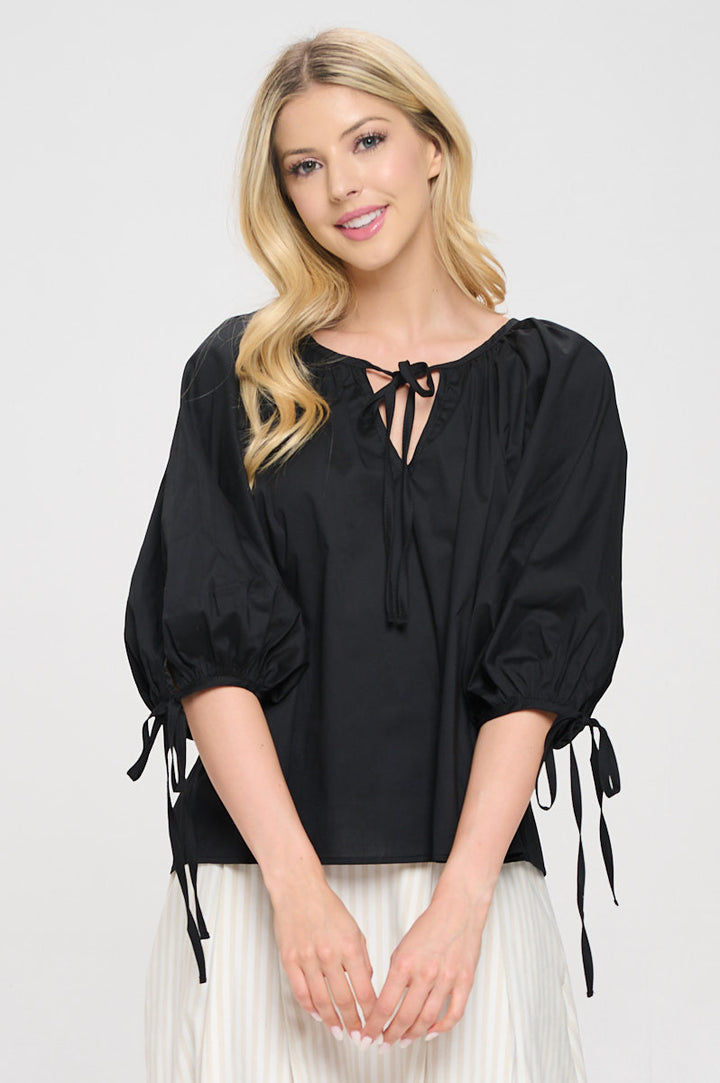 Cotton V neck Half Puff Sleeve with Tie-1