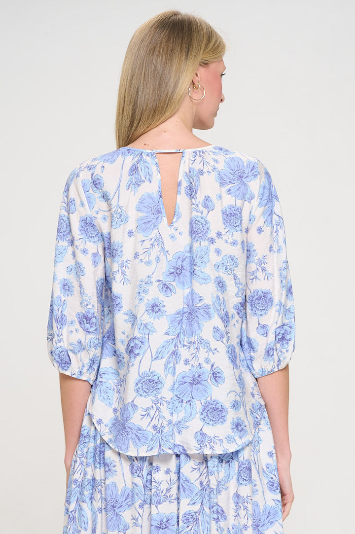 Floral Print V neck 3/4 Sleeve Top-3