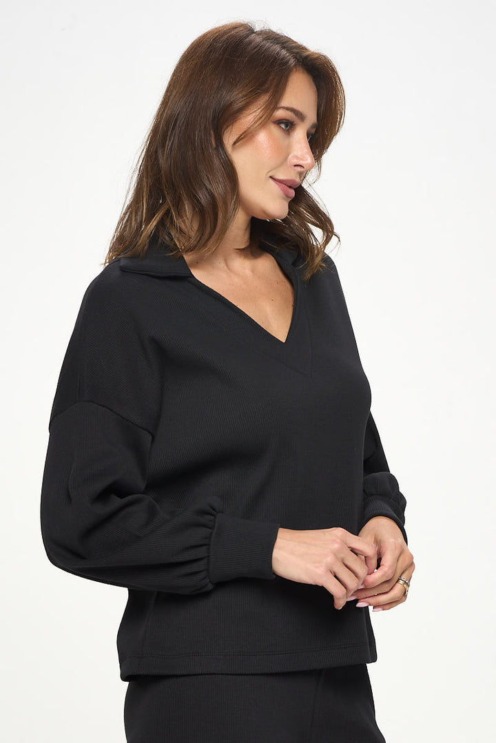 Rib Knit V neck Top with Collar-1
