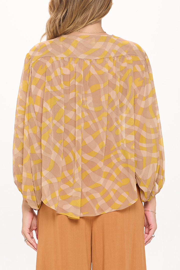 Abstract Print V neck Sheer Top with 3/4 Sleeve-3