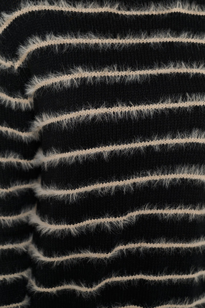 Striped Fuzzy Long Sleeve Pullover Crewneck with Side Slit-1